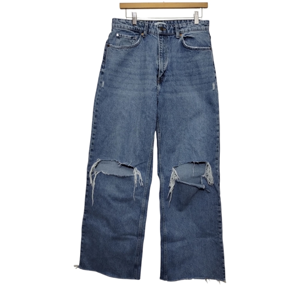 H&M Divided 90S Baggy High Waisted Wide Leg Distressed Knee Jeans